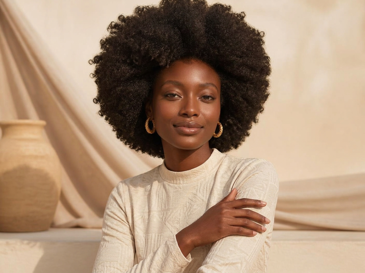 East African woman with voluminous natural afro hair in a modest long-sleeved top