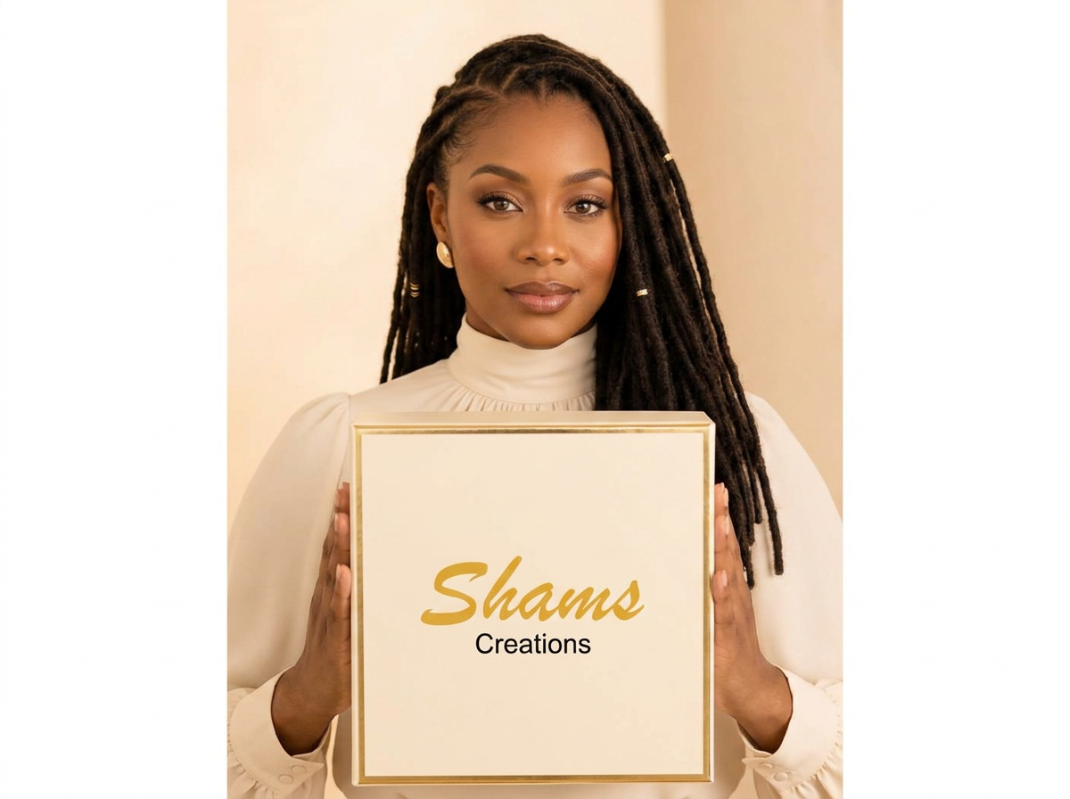 Woman with clean, neatly styled rasta locs in a modest high-neck cream blouse, holding a premium Shams Creations gift box
